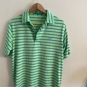 Southern Tide Polo Shirt Mens small Green Blue stripe fish short sleeve